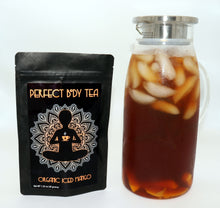 Load image into Gallery viewer, Our “Organic Iced Mango” tea is imported from Sri Lanka and is made with only premium luxury ingredients.  This tea&#39;s infusion is bright and coppery, it comes in a large 1.25 oz. (30 g) bag that conveniently makes a gallon of delicious iced tea. 
